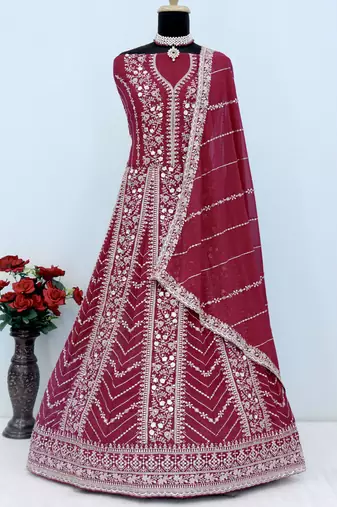 Maroon faux georgette embroidered anarkali suit