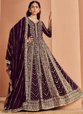 Violet faux georgette embroidered anarkali suit 1