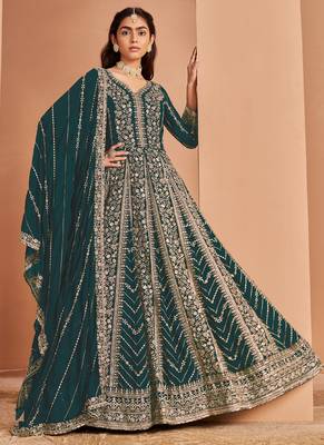 Aqua green faux georgette embroidered anarkali suit 1