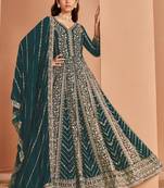 Aqua green faux georgette embroidered anarkali suit