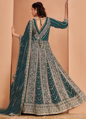 Aqua green faux georgette embroidered anarkali suit 2