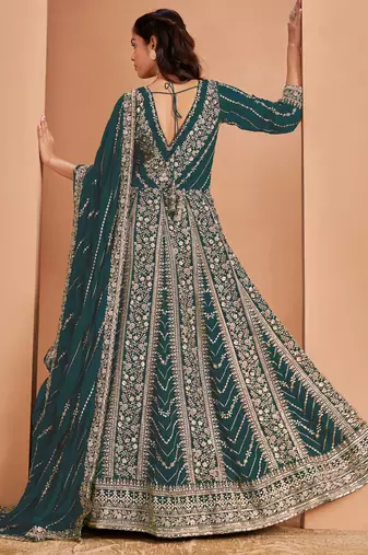 Aqua green faux georgette embroidered anarkali suit