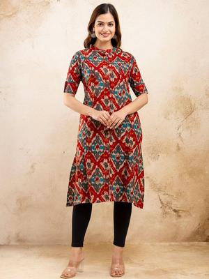  ethnic motifs printed pure cotton mandarin collar a-line kurta 1