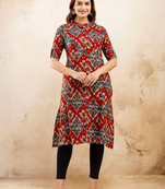 Fashion petals ethnic motifs printed pure cotton mandarin collar a-line kurta