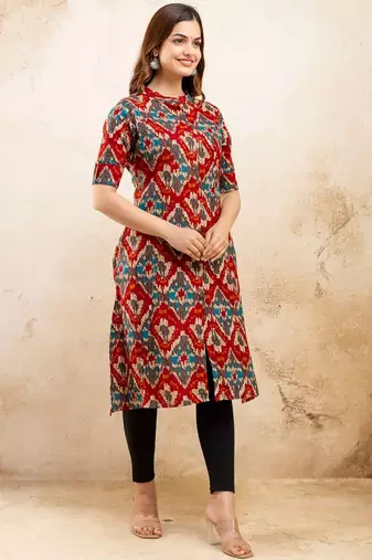  ethnic motifs printed pure cotton mandarin collar a-line kurta