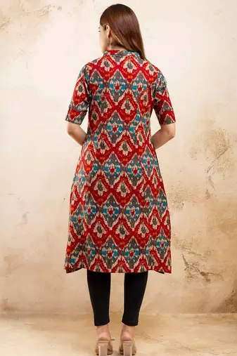 ethnic motifs printed pure cotton mandarin collar a-line kurta