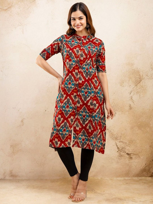  ethnic motifs printed pure cotton mandarin collar a-line kurta 5