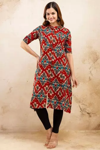  ethnic motifs printed pure cotton mandarin collar a-line kurta