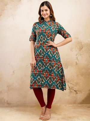  ethnic motifs printed pure cotton mandarin collar a-line kurta 1
