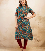 Fashion petals ethnic motifs printed pure cotton mandarin collar a-line kurta