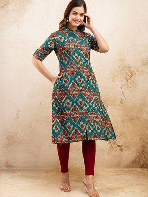  ethnic motifs printed pure cotton mandarin collar a-line kurta 3