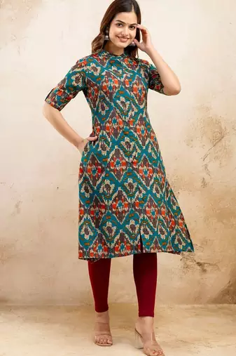  ethnic motifs printed pure cotton mandarin collar a-line kurta