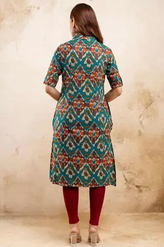  ethnic motifs printed pure cotton mandarin collar a-line kurta