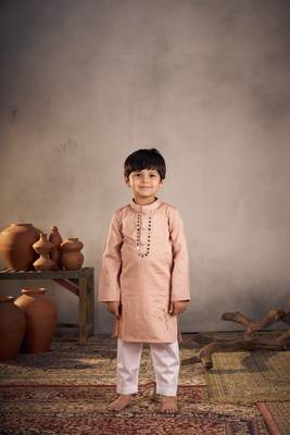 Peach mirror work bird kurta 1