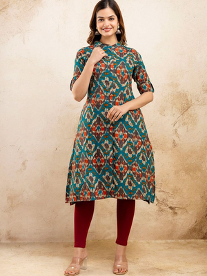  ethnic motifs printed pure cotton mandarin collar a-line kurta 5
