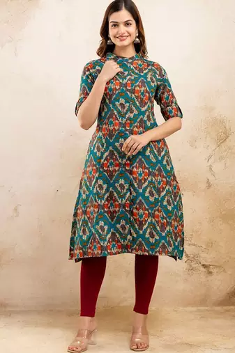  ethnic motifs printed pure cotton mandarin collar a-line kurta