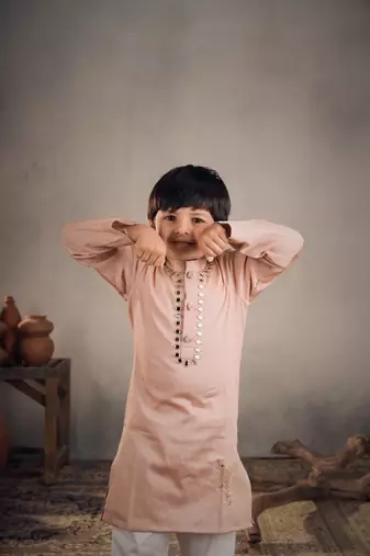 Peach mirror work bird kurta