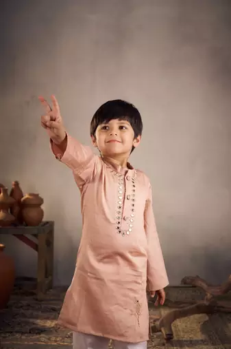 Peach mirror work bird kurta