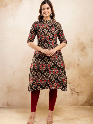  ethnic motifs printed pure cotton mandarin collar a-line kurta 1