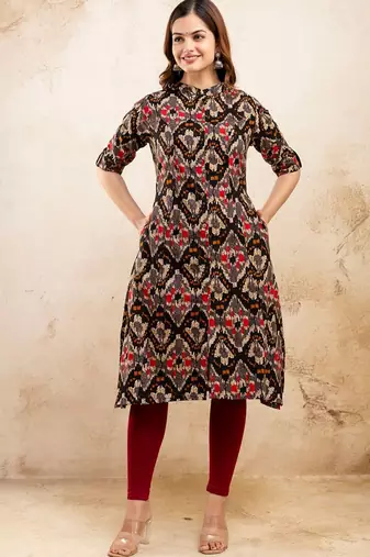  ethnic motifs printed pure cotton mandarin collar a-line kurta