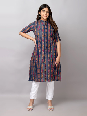  abstract ikat printed mandarin collar pure cotton a-line kurta 1