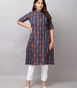 Fashion petals abstract ikat printed mandarin collar pure cotton a-line kurta