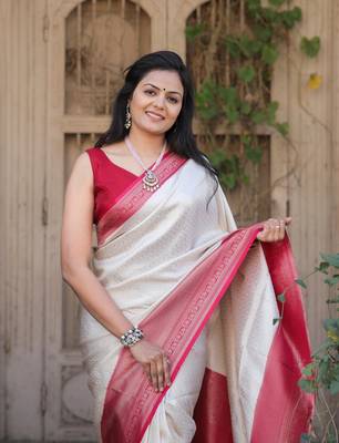 Cream Color Kubera Pattu Silk blend Saree 1