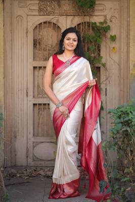 Cream Color Kubera Pattu Silk blend Saree 2