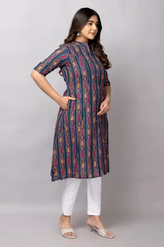  abstract ikat printed mandarin collar pure cotton a-line kurta