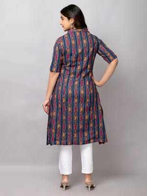  abstract ikat printed mandarin collar pure cotton a-line kurta 4
