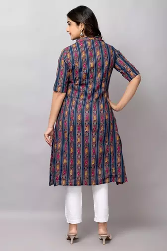  abstract ikat printed mandarin collar pure cotton a-line kurta