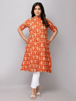  geometric printed mandarin collar pure cotton a-line kurta 1