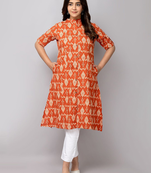 Fashion petals geometric printed mandarin collar pure cotton a-line kurta