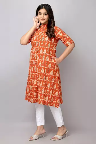  geometric printed mandarin collar pure cotton a-line kurta