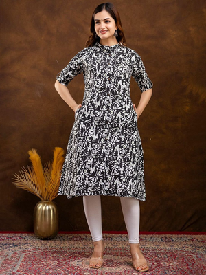  floral printed mandarin collar pure cotton a-line kurta 1