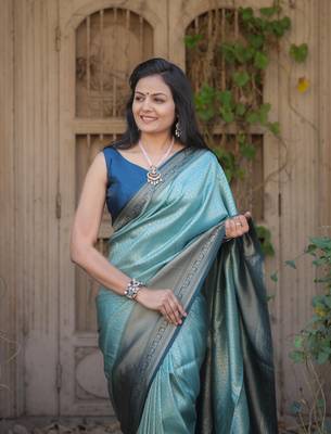 Sky Blue Color Kubera Pattu Silk Blend Saree 1
