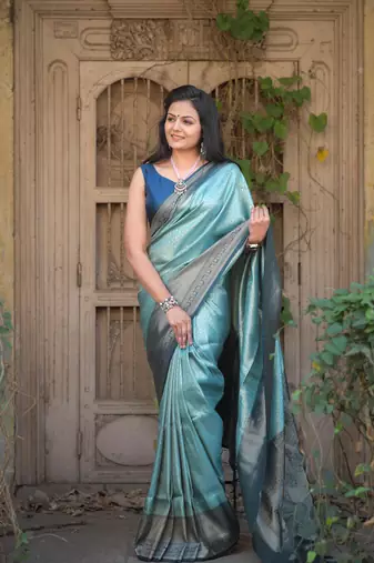 Sky Blue Color Kubera Pattu Silk Blend Saree