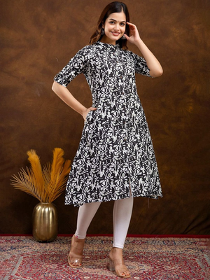  floral printed mandarin collar pure cotton a-line kurta 3