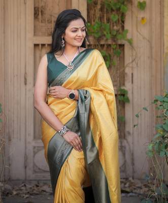 Mustard Yellow Color Kubera Pattu Silk Blend Saree 1