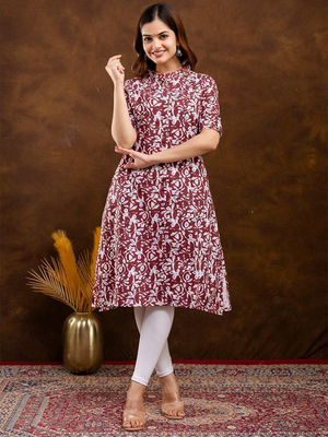  floral printed mandarin collar pure cotton a-line kurta 1