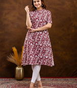 Fashion petals floral printed mandarin collar pure cotton a-line kurta