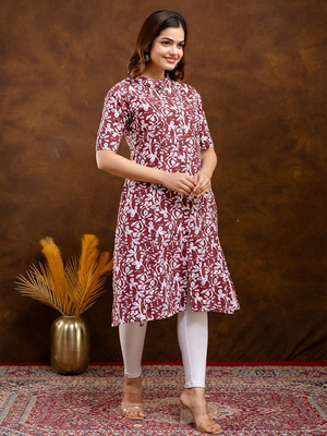  floral printed mandarin collar pure cotton a-line kurta 3