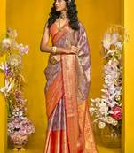 Gray & red pure weaving traditional wear saree