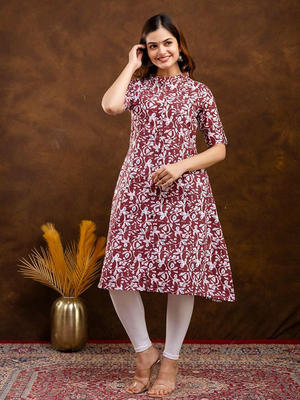  floral printed mandarin collar pure cotton a-line kurta 5