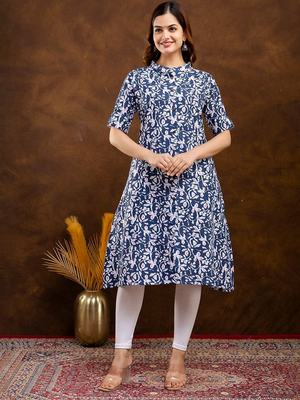  floral printed mandarin collar pure cotton a-line kurta 1