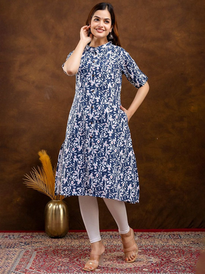  floral printed mandarin collar pure cotton a-line kurta 3