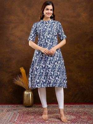  floral printed mandarin collar pure cotton a-line kurta 5