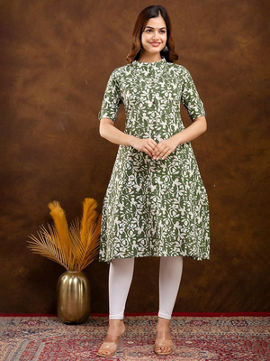  floral printed mandarin collar pure cotton a-line kurta 1