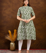 Fashion petals floral printed mandarin collar pure cotton a-line kurta