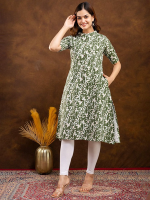  floral printed mandarin collar pure cotton a-line kurta 3